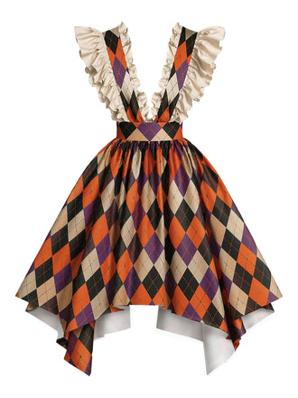 [Prévente] Robe chasuble orange de clown à losanges et volants Années 1980