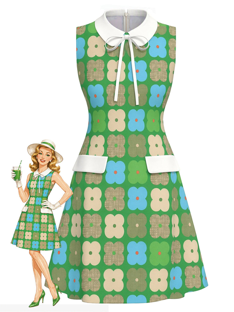 [Prévente] Robe Bright Vert Floral Col Claudine Nœud Années 1960