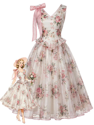 [Prévente] Robe Rose Floral Accent Nœud Filet Années 1950