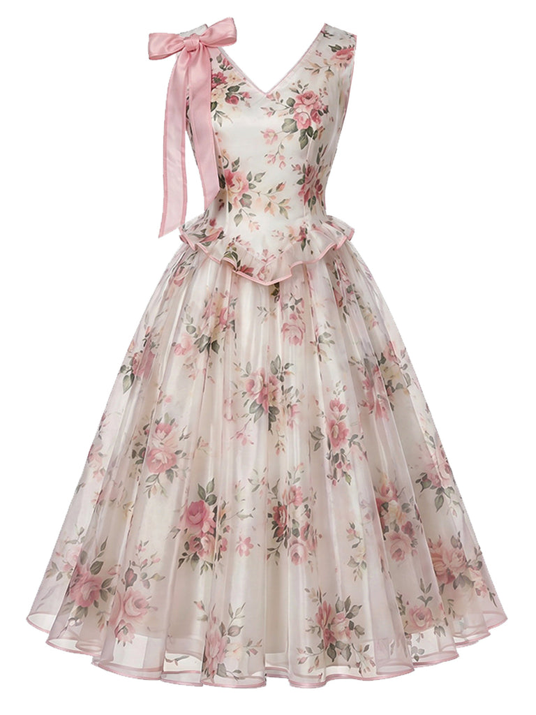 [Prévente] Robe Rose Floral Accent Nœud Filet Années 1950