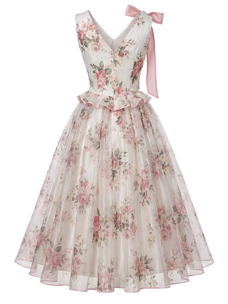 [Prévente] Robe Rose Floral Accent Nœud Filet Années 1950