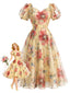 [Prévente] Robe évasée jaune résille motifs floraux et manches bouffantes années 50