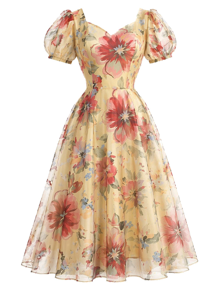 [Prévente] Robe évasée jaune fleurie en tulle à manches bouffantes années 1950