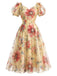 [Prévente] Robe évasée jaune fleurie en tulle à manches bouffantes années 1950