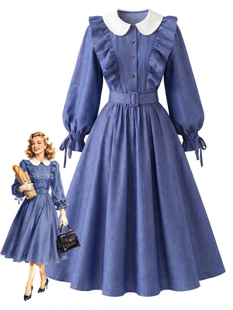 [Prévente] Robe bleue à col Claudine, volants et ceinture années 1950 - 1