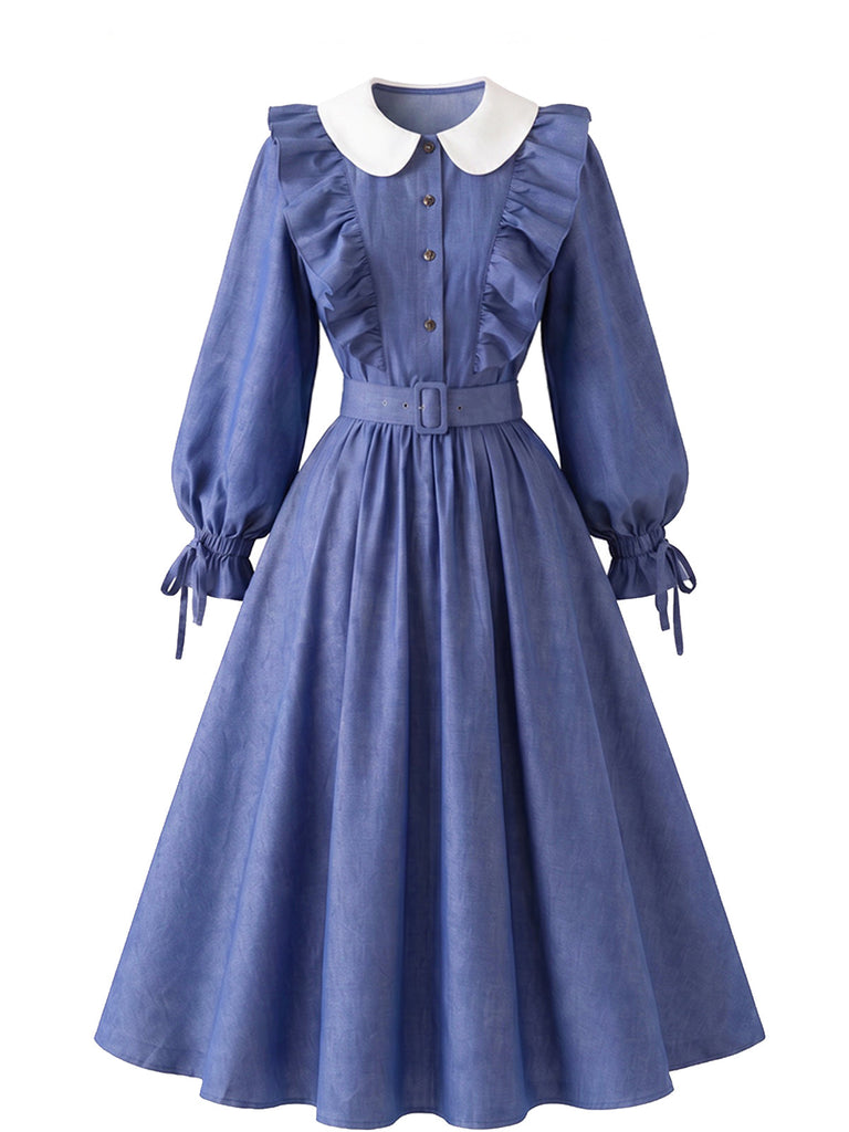 [Prévente] Robe bleue à col Claudine, volants et ceinture années 1950 - 2
