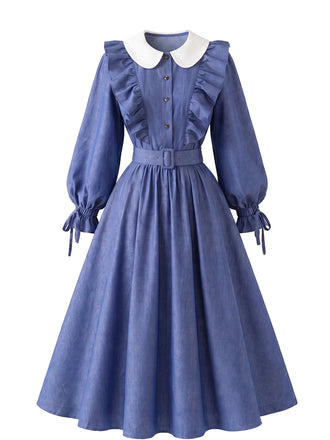 [Prévente] Robe bleue à col Claudine, volants et ceinture années 1950 - 2