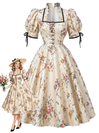 [Prévente] Robe midi évasée jaune clair fleurie à encolure bateau années 1950 - 1