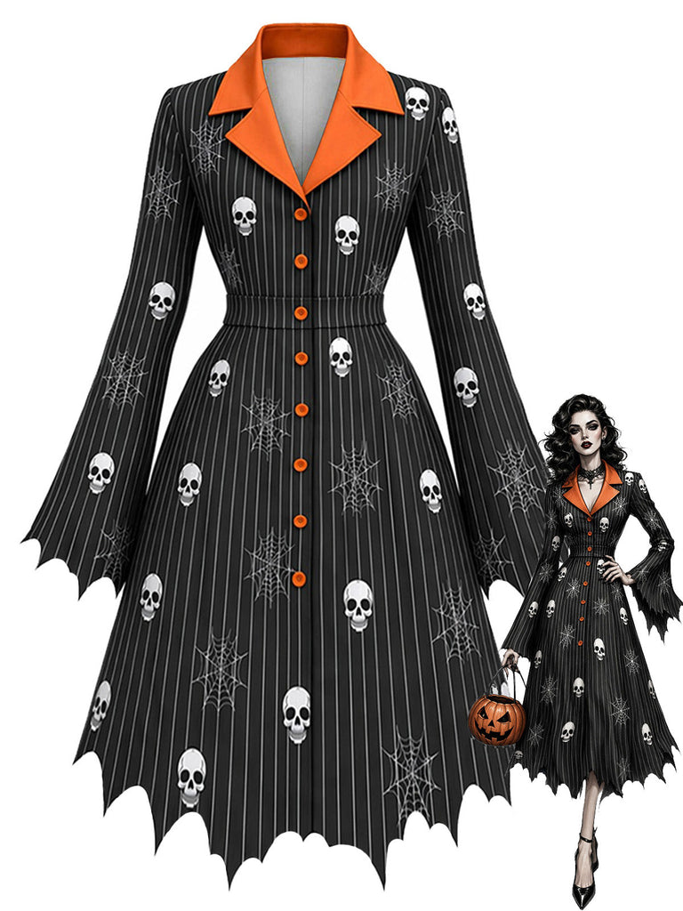 [Prévente] Robe d’Halloween à crâne, toile d’araignée, revers et ourlet chauve-souris années 1950