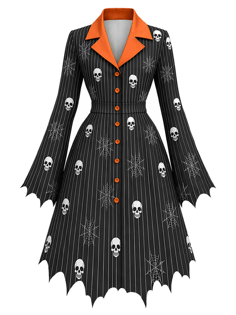 [Prévente] Robe d’Halloween à crâne, toile d’araignée, revers et ourlet chauve-souris années 1950