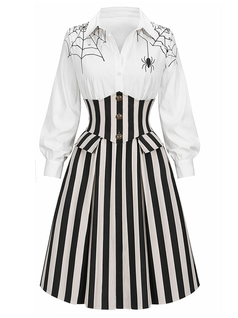 [Prévente] Robe d’Halloween noire et blanche à toile d’araignée et rayures verticales années 1930