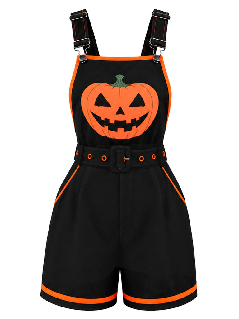Salopette noir Halloween à citrouilles et poches Années 1960