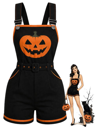 [Prévente] Combishort salopette noir Halloween à citrouilles et poches Années 1960