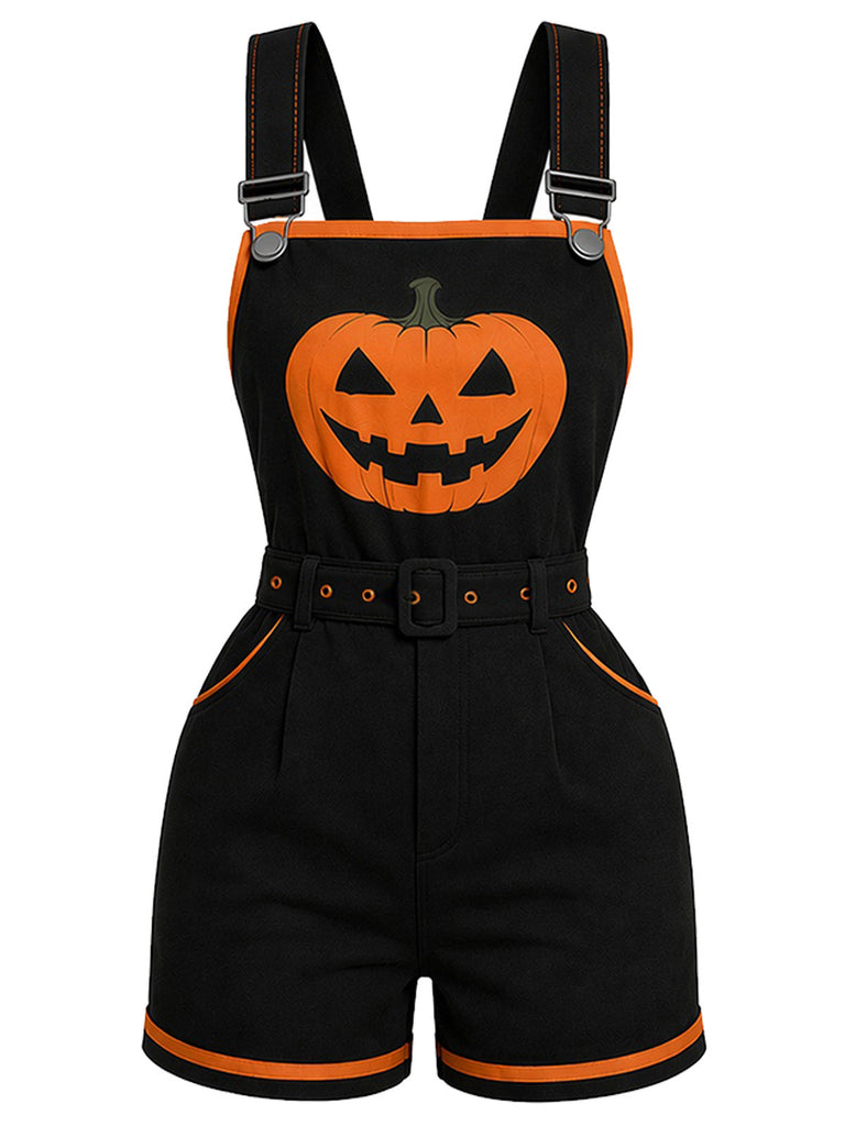 [Prévente] Combishort salopette noir Halloween à citrouilles et poches Années 1960