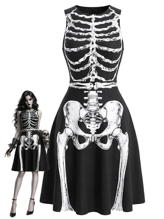 [Prévente] Robe noire d’Halloween sans manches à squelette années 1940