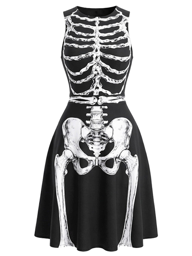 [Prévente] Robe noire d’Halloween sans manches à squelette années 1940