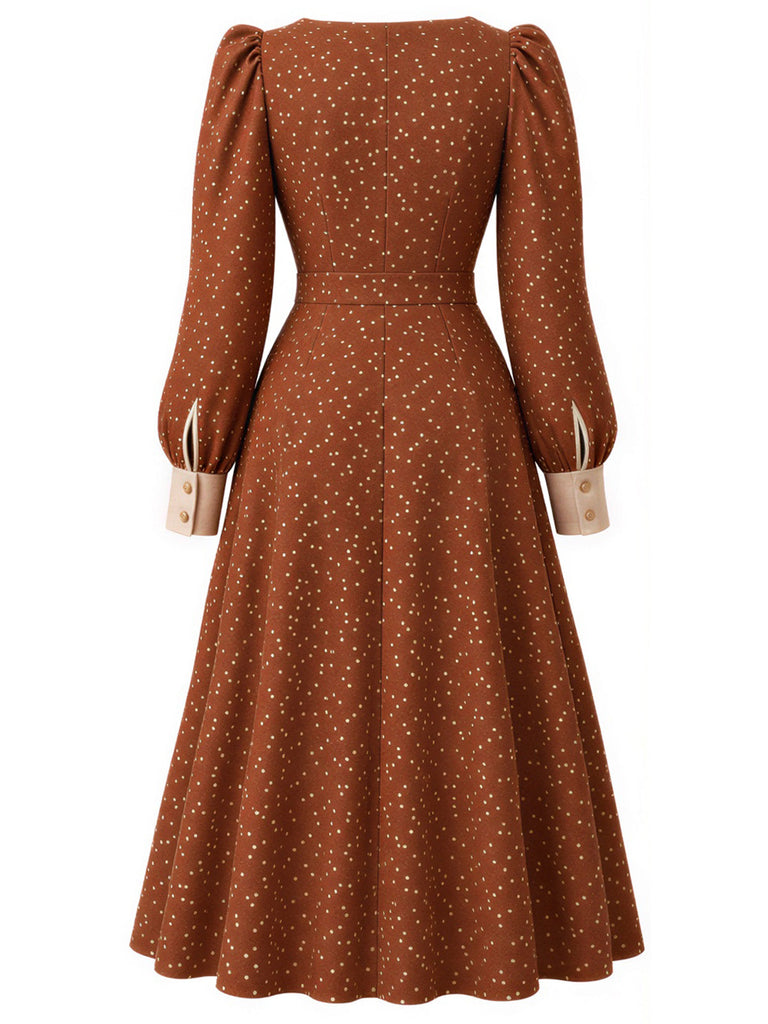 [Prévente] Robe caramel à petits pois, col carré et nœud devant années 1950 - 3