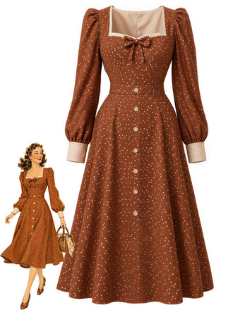 [Prévente] Robe caramel à petits pois, col carré et nœud devant années 1950 - 1