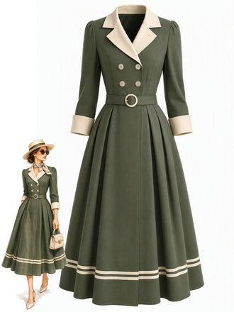 [Prévente] Trench-coat vert à revers crantés, double boutonnage et ceinture années 1940 - 1
