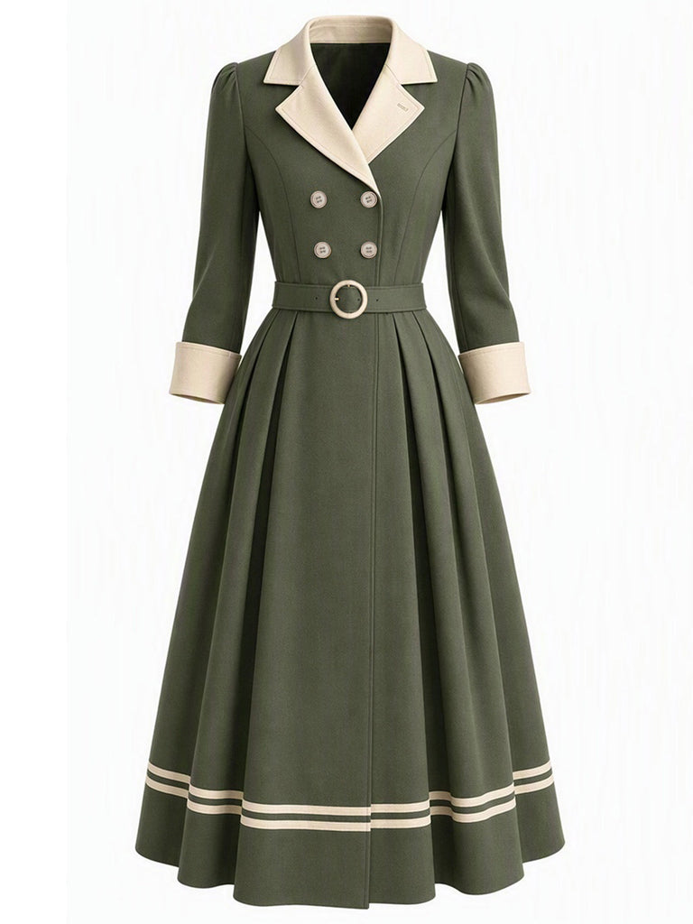 [Prévente] Trench-coat vert à revers crantés, double boutonnage et ceinture années 1940 - 2