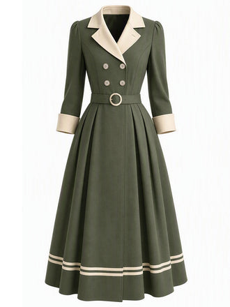 [Prévente] Trench-coat vert à revers crantés, double boutonnage et ceinture années 1940 - 2