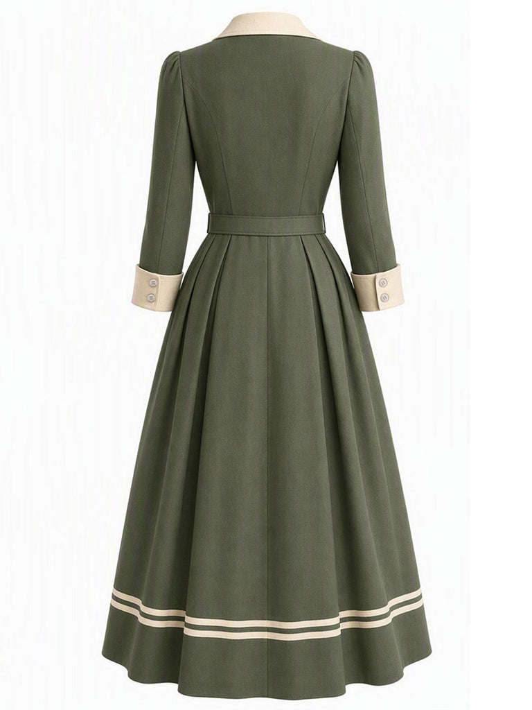 [Prévente] Trench-coat vert à revers crantés, double boutonnage et ceinture années 1940 - 3