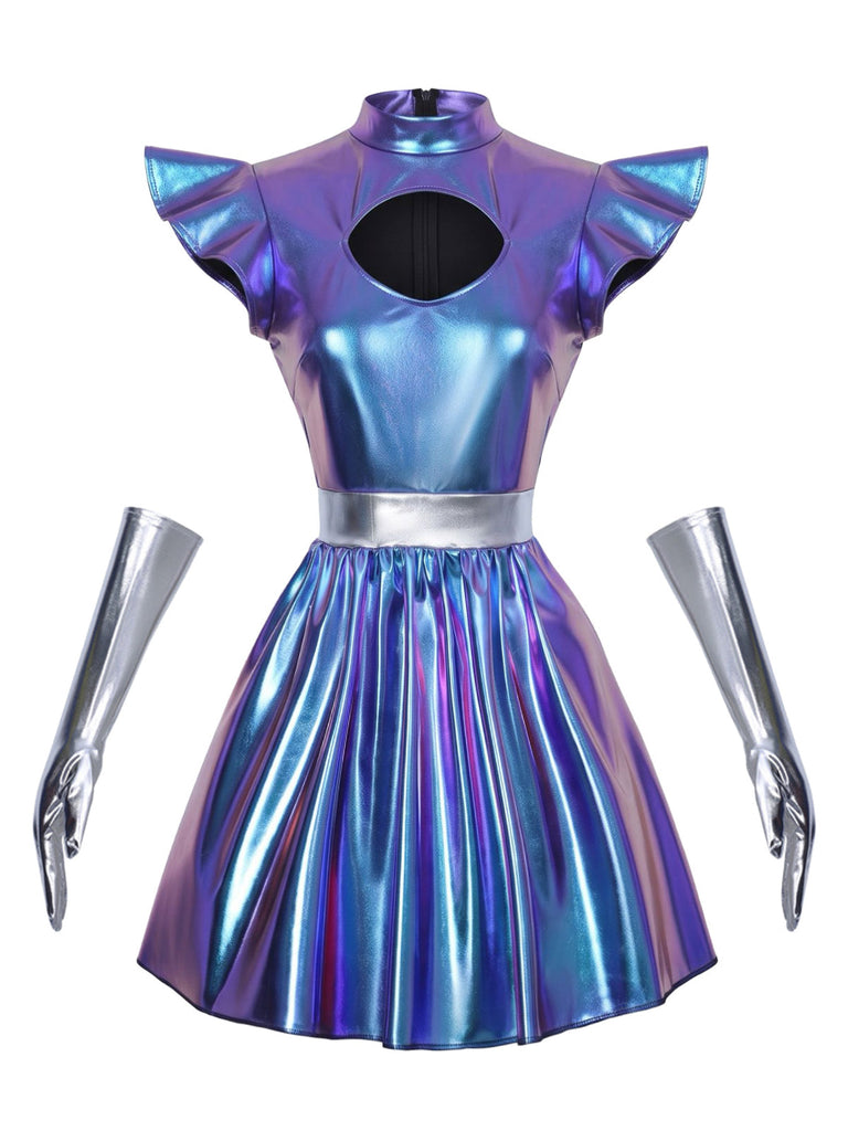 Robe Mini Futuriste Métallique Découpée Violet Années 1980