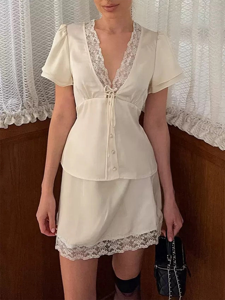 2PCS Satin Dentelle Col V Top et Jupe Années 1970