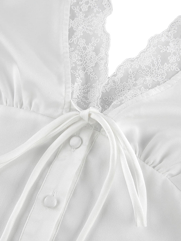 2PCS Satin Dentelle Col V Top et Jupe Années 1970