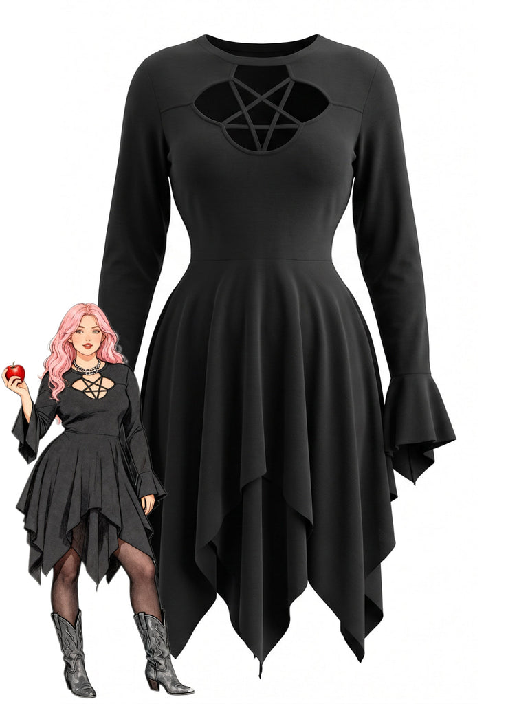 [Grande Taille] Robe punk noire ajourée à ourlet asymétrique Années 1970