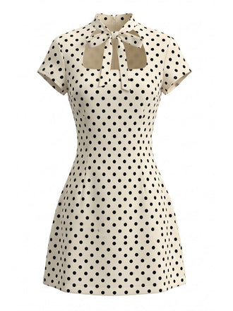 Robe Shift Beige à Pois Nœud Découpée Années 1960