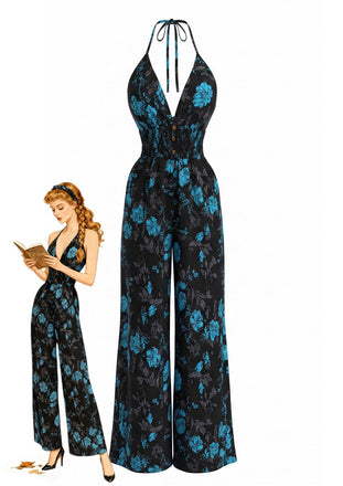 Combinaison Noir et Bleu Floral Halter Jambes Larges Années 1970