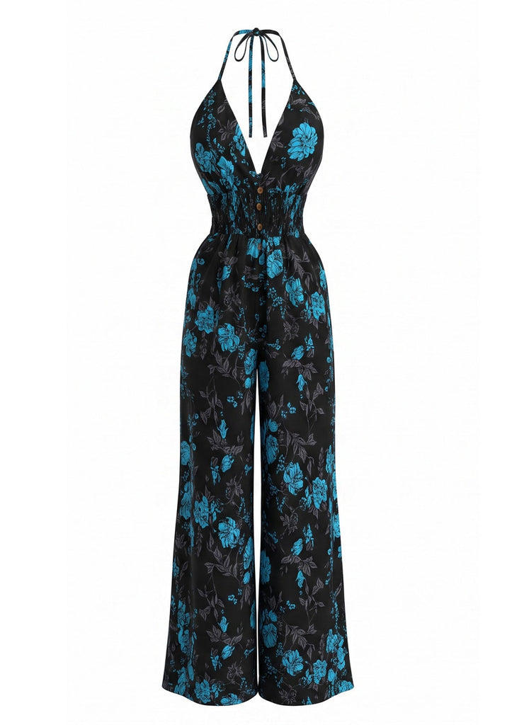 Combinaison Noir et Bleu Floral Halter Jambes Larges Années 1970