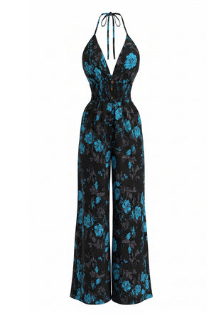 Combinaison Noir et Bleu Floral Halter Jambes Larges Années 1970