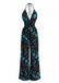 Combinaison Noir et Bleu Floral Halter Jambes Larges Années 1970