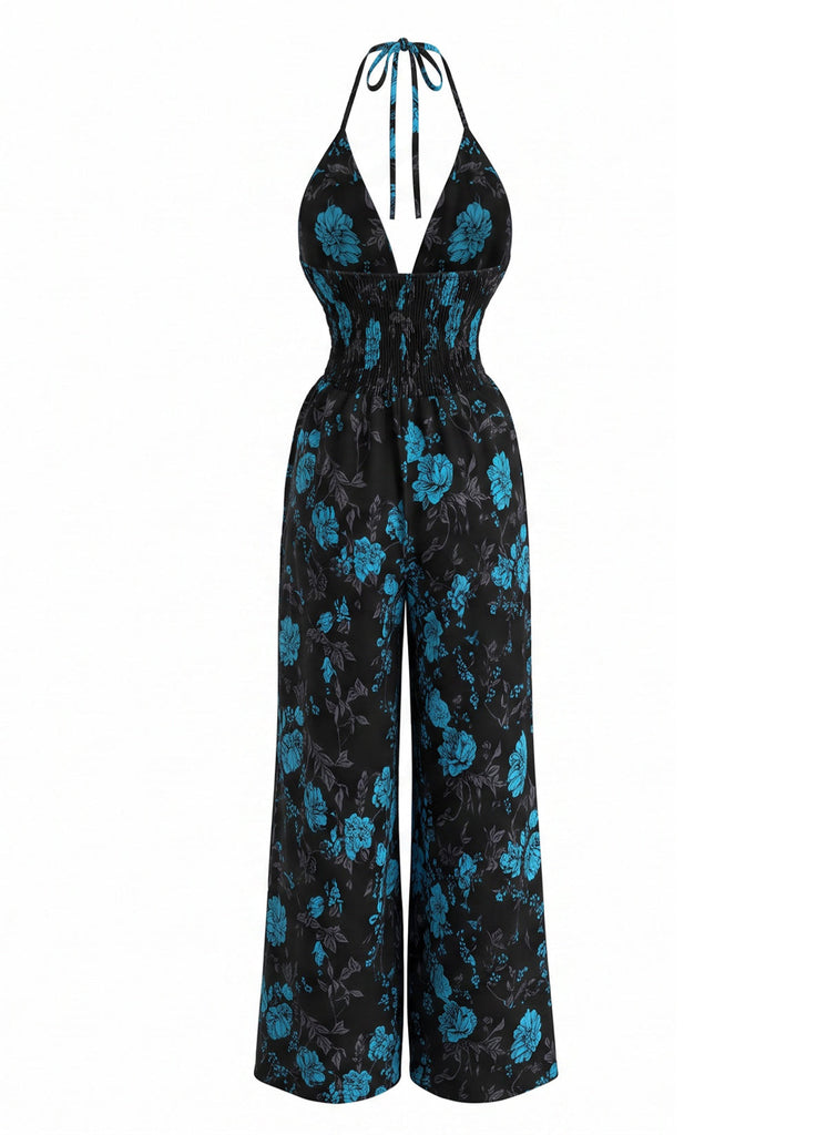 Combinaison Noir et Bleu Floral Halter Jambes Larges Années 1970