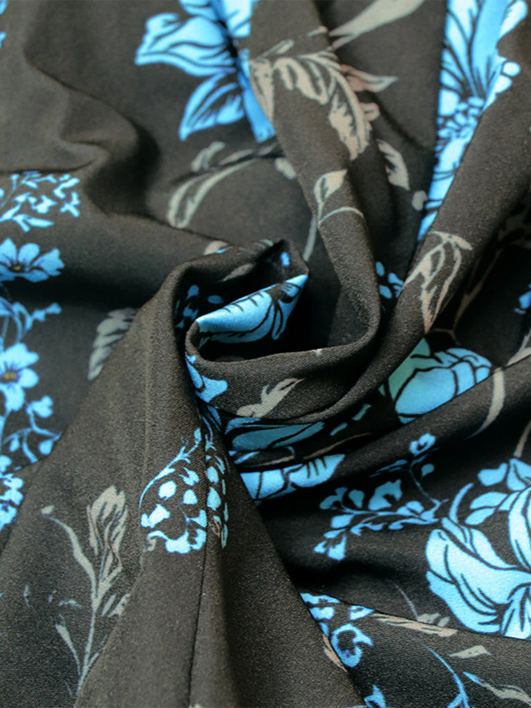 Combinaison Noir et Bleu Floral Halter Jambes Larges Années 1970
