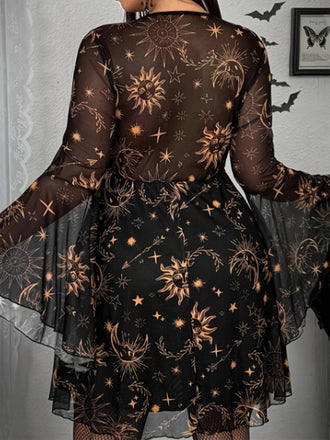 [Grande Taille] Robe Punk noire à imprimé soleil, résille et manches longues années 1980