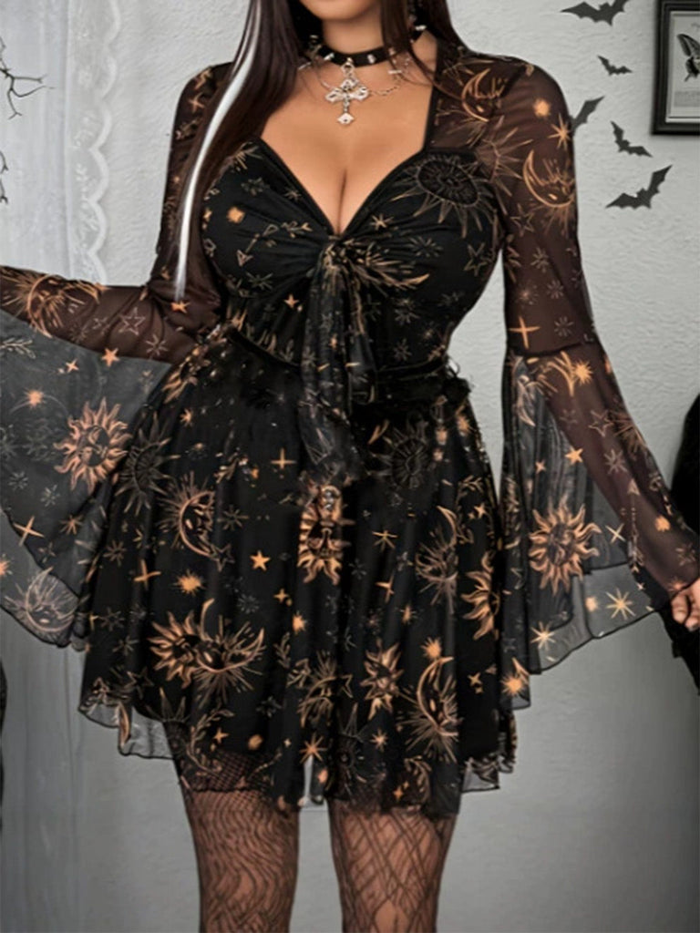 [Grande Taille] Robe Punk noire à imprimé soleil, résille et manches longues années 1980