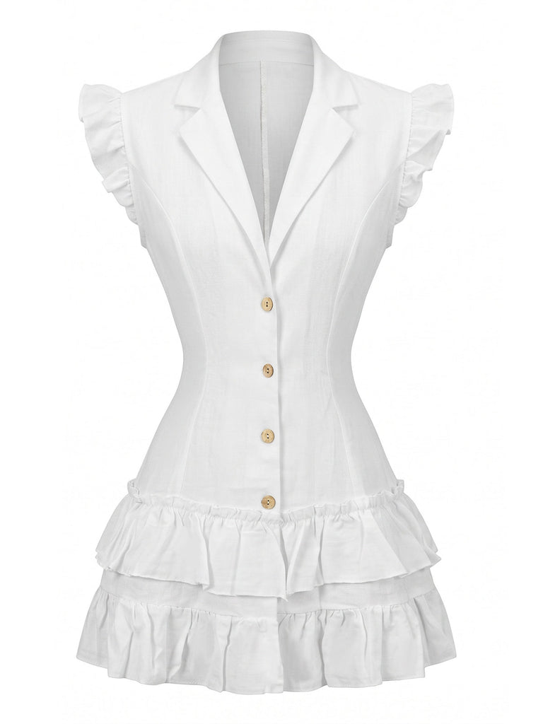 Robe blanche à revers boutonné, manches volantées et ourlet à volants Années 1970