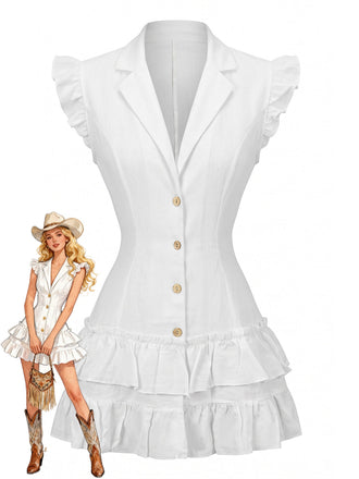 Robe blanche à revers boutonné, manches volantées et ourlet à volants Années 1970