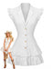 Robe blanche à revers boutonné, manches volantées et ourlet à volants Années 1970