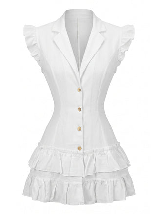 Robe blanche à revers boutonné, manches volantées et ourlet à volants Années 1970