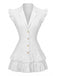 Robe blanche à revers boutonné, manches volantées et ourlet à volants Années 1970