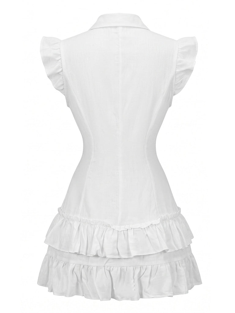 Robe blanche à revers boutonné, manches volantées et ourlet à volants Années 1970