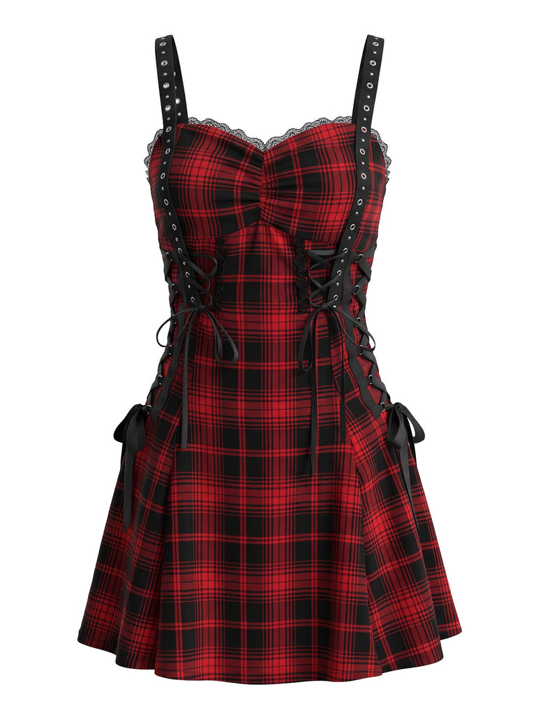 Robe Halloween rouge et noire à carreaux et fines bretelles années 1950 - 1