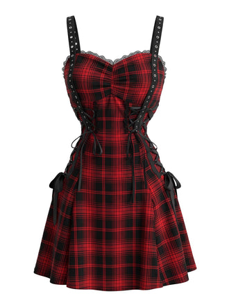 Robe d'Halloween carreaux rouges et noirs bretelles fines années 50