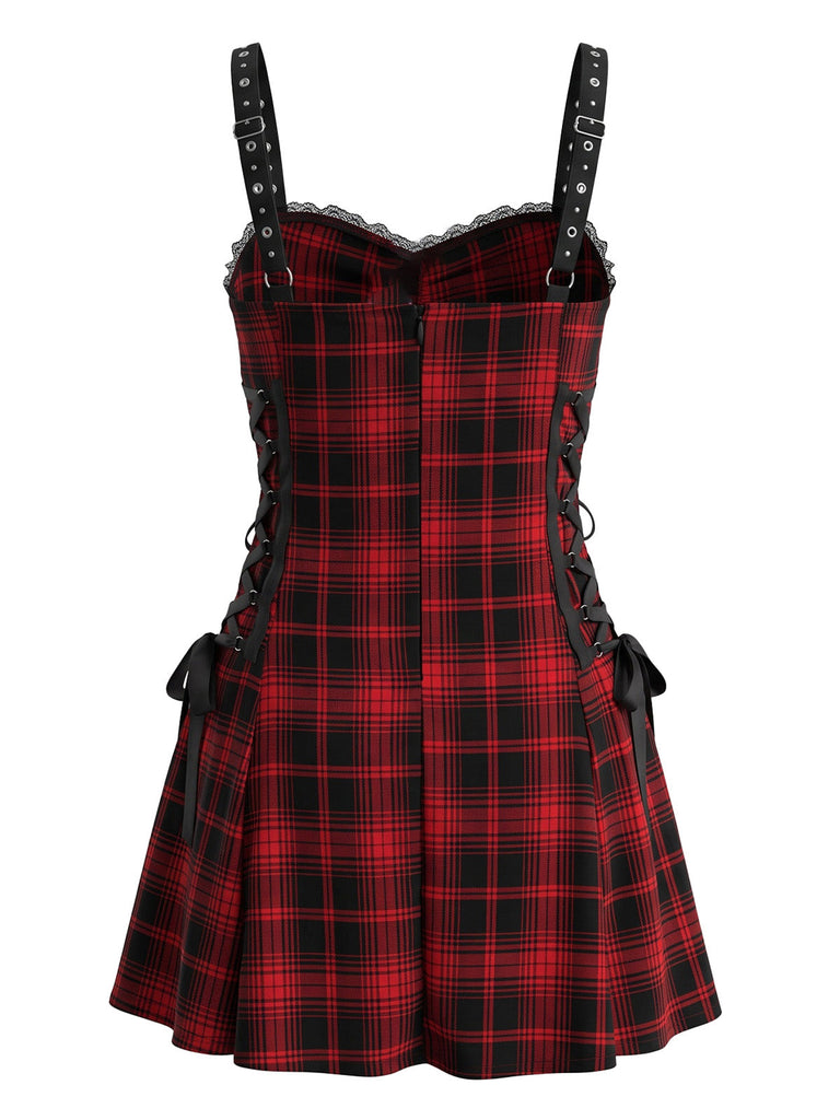 Robe Halloween rouge et noire à carreaux et fines bretelles années 1950 - 2