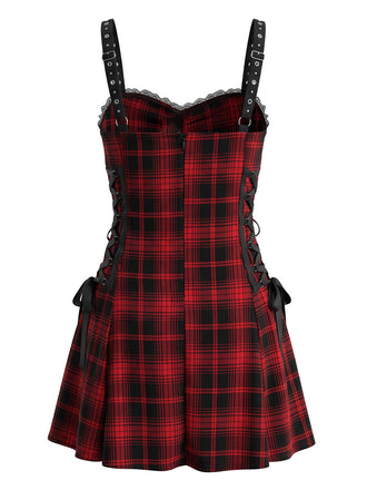 Robe Halloween rouge et noire à carreaux et fines bretelles années 1950 - 2