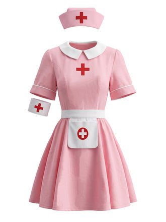 Ensemble robe costume d’infirmière rose à col Claudine années 1970